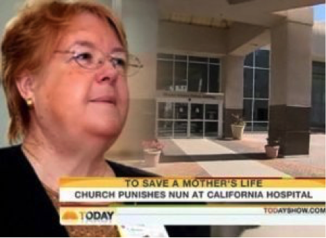 A picture of Margaret McBride’s face occupies the left half of the image, a screenshot from NBC’s Today show. She has pale skin, short strawberry blonde hair, and is wearing round wire-rimmed glasses and simply gold earrings. The right half of the image is occupied by an image of the front of the hospital at which the case involving her took place.