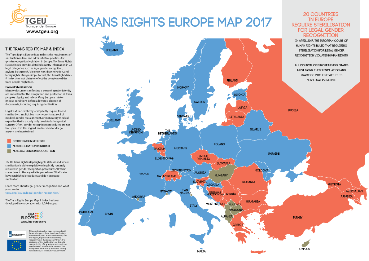 This image is color-coded to show which nations (20) in Europe require sterilization for legal gender recognition. They are Russia, Finland, Latvia, Lithuania, Georgia, Azerbaijan, Armenia, Turkey, Greece, Bulgaria, Romania, Serbia, Montenegro, Boznia & Herzegovinia, Slovenia, Slovakia, Czech Republic, Belgium, and Switzerland.