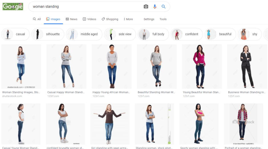 A screenshot of a Google image search shows 12 random images of "woman standin." All but one have arms crossed or held in close to the body, several are standing on one leg with another leg cross over the weight-bearing leg to make a smaller profile, and the one who has her arms outstretched has them in a puzzled pose, as though she were confused.