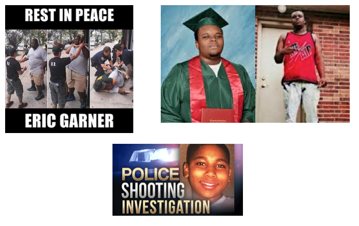 There are three sets of images. On the upper left, three stages of the fatal encounter between Eric Garner and police. In the first, it is clear that Garner is standing back from a police officer in front of him as one comes up behind him. In the second, the officer behind Garner has wrapped his arm around Garner’s neck in a chokehold. The officer in front is holding Garner’s arm, apparently to prevent him from removing the chokehold. In the third, Garner is down on the ground with one police officer still choking him and three others handcuffing him. It is at this point that witnesses say he began to repeat “I can’t breathe.” The text says “Rest In Peace Eric Garner.” All of these pictures of the encounter show how big Garner’s body was (quite large compared with those standing next to him). In the second set of images, on the upper right, we see two pictures. One shows Michael Brown in his high school graduation picture months before he was shot. His gown is forest green and he has a serious expression on his face. In the second picture, he is wearing a red sleeveless t-shirt and jeans. The t-shirt says Nike Air, and his face is serious. He is standing on the front porch of a house. Both pictures show that he was a large-bodied, though not morbidly obese, young man. In the final image, below the others, we see a photo of Tamir Rice, 12 years old, smiling at the camera. The text is as though the image were taken from a newscast, and says “Police Shooting Investigation.”
