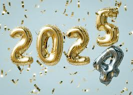 Gold balloons reading “2025” descending on a silver balloon of the number “4"