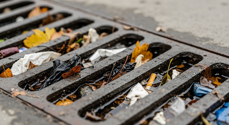 Leaves and litter debris blocking drain