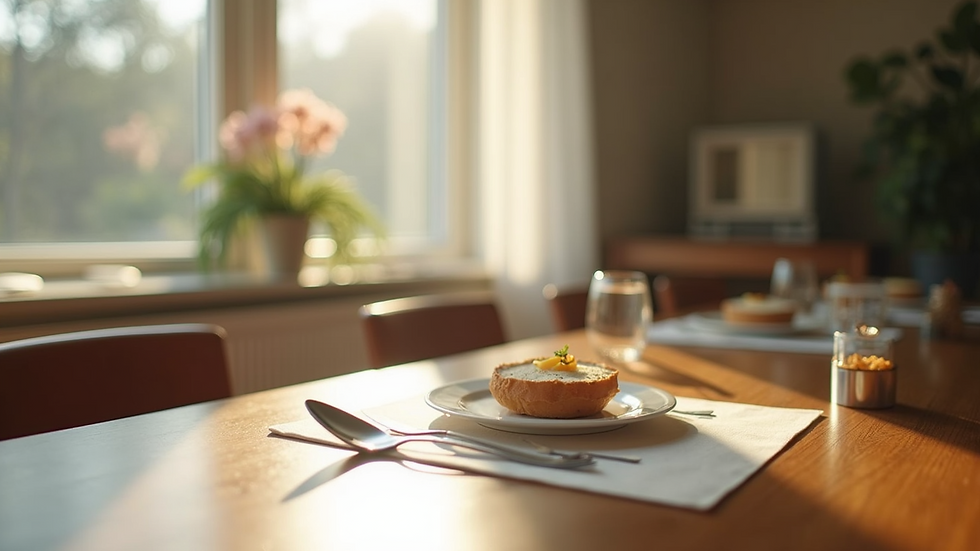 Close-up view of a simple, budget-friendly staged dining area with natural light