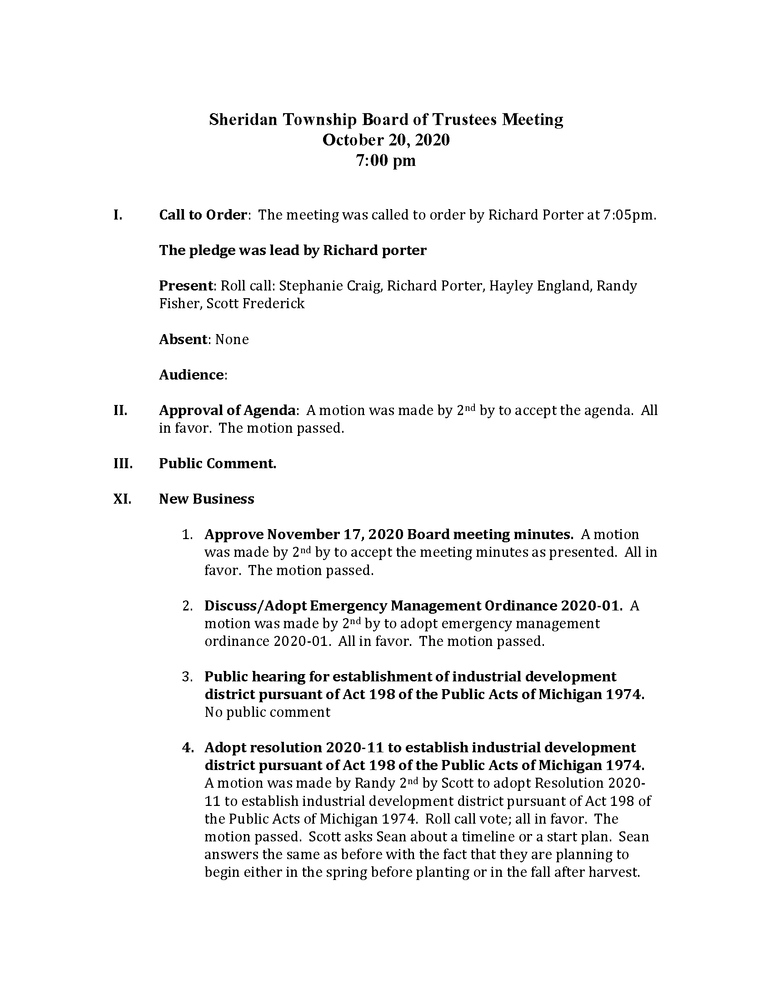 Township Board Meeting Minutes October 20, 2020