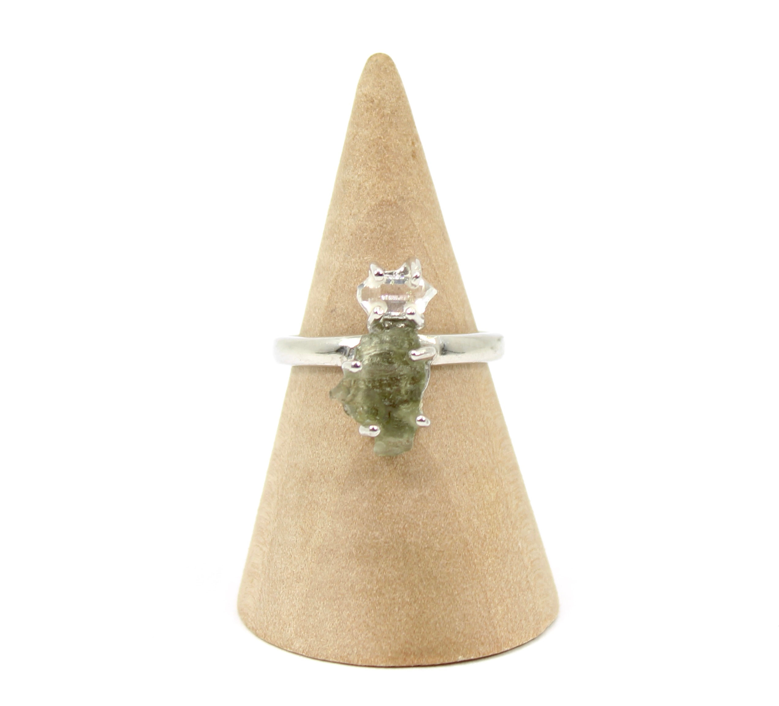 Moldavite and Herkimer Genuine and Rare 925 Sterling Silver Ring (P/7.5)