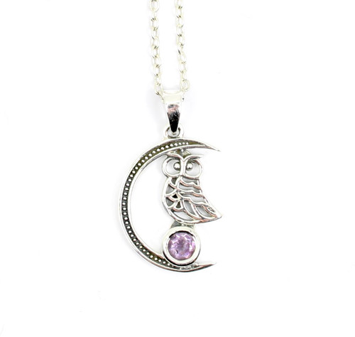 chouette ☆  Amethyst Crescent Moon and Owl 925 Silver Pendant | The