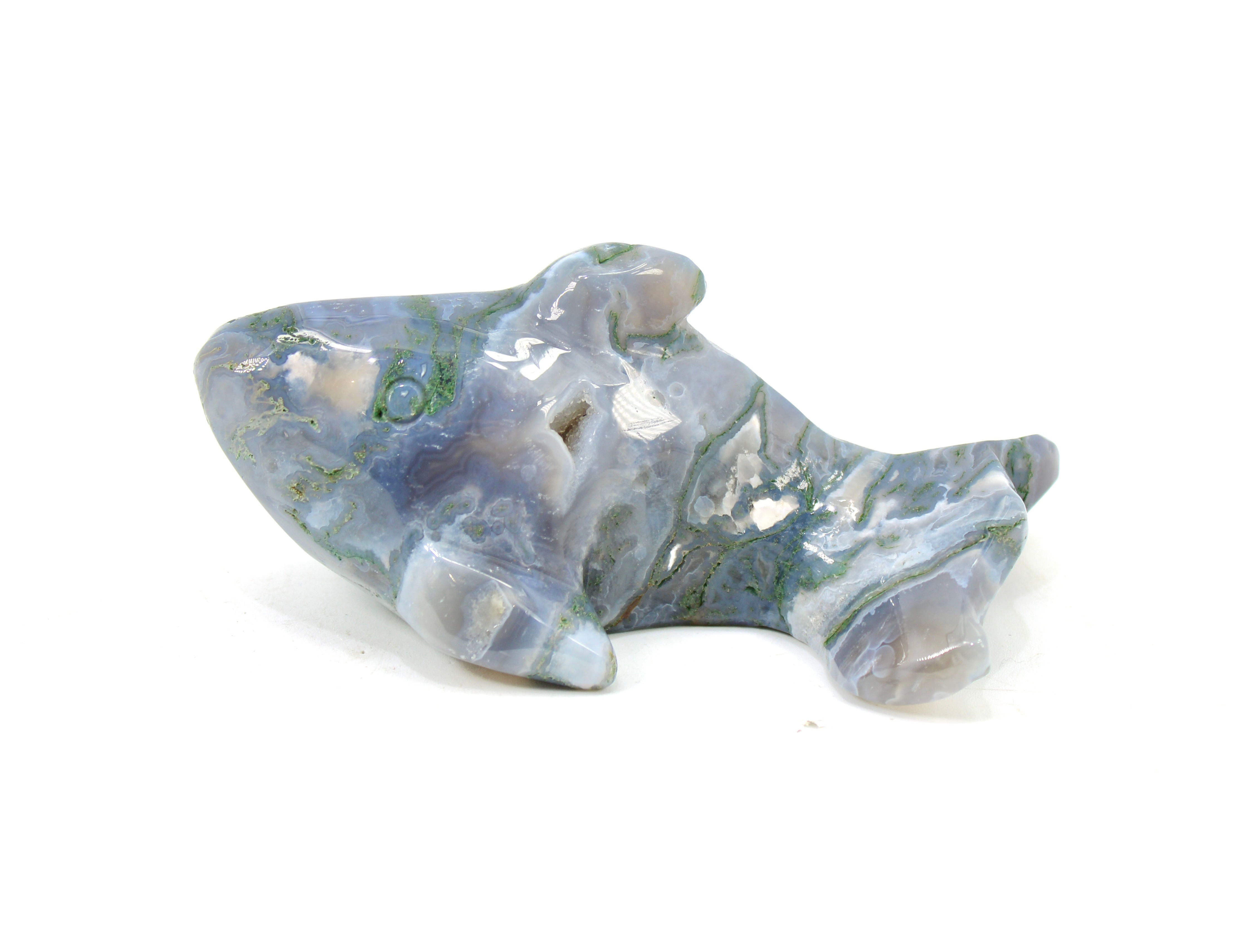 Moss Agate Fish carving with druzy