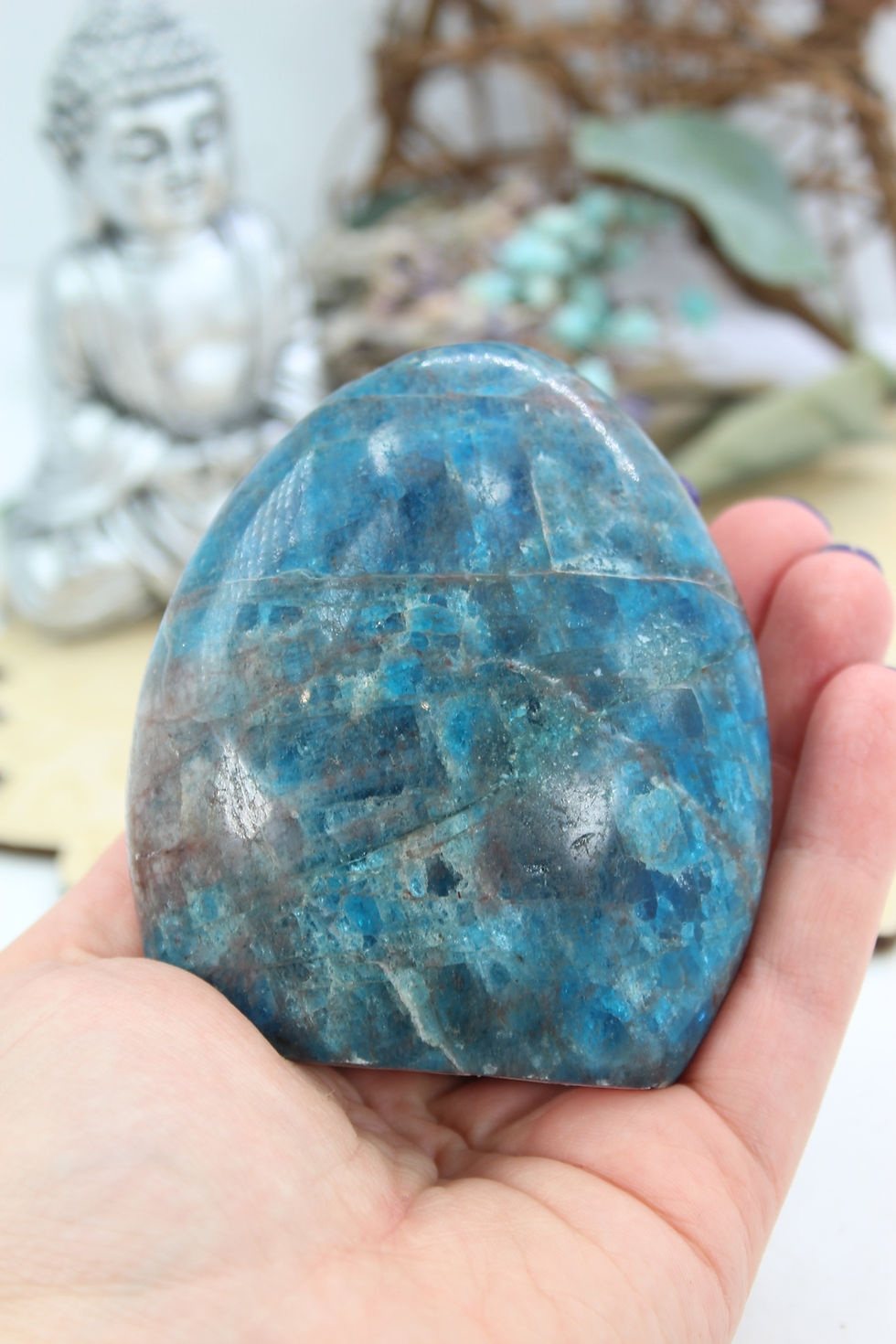 Blue apatite crystal polished carved freeform