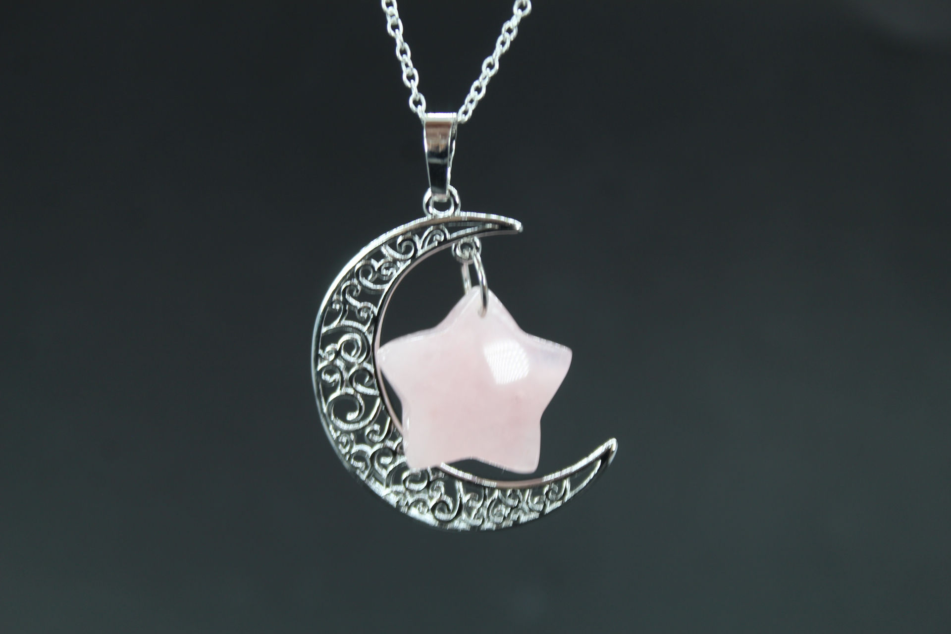 Rose Quartz Moon and Star Pendant