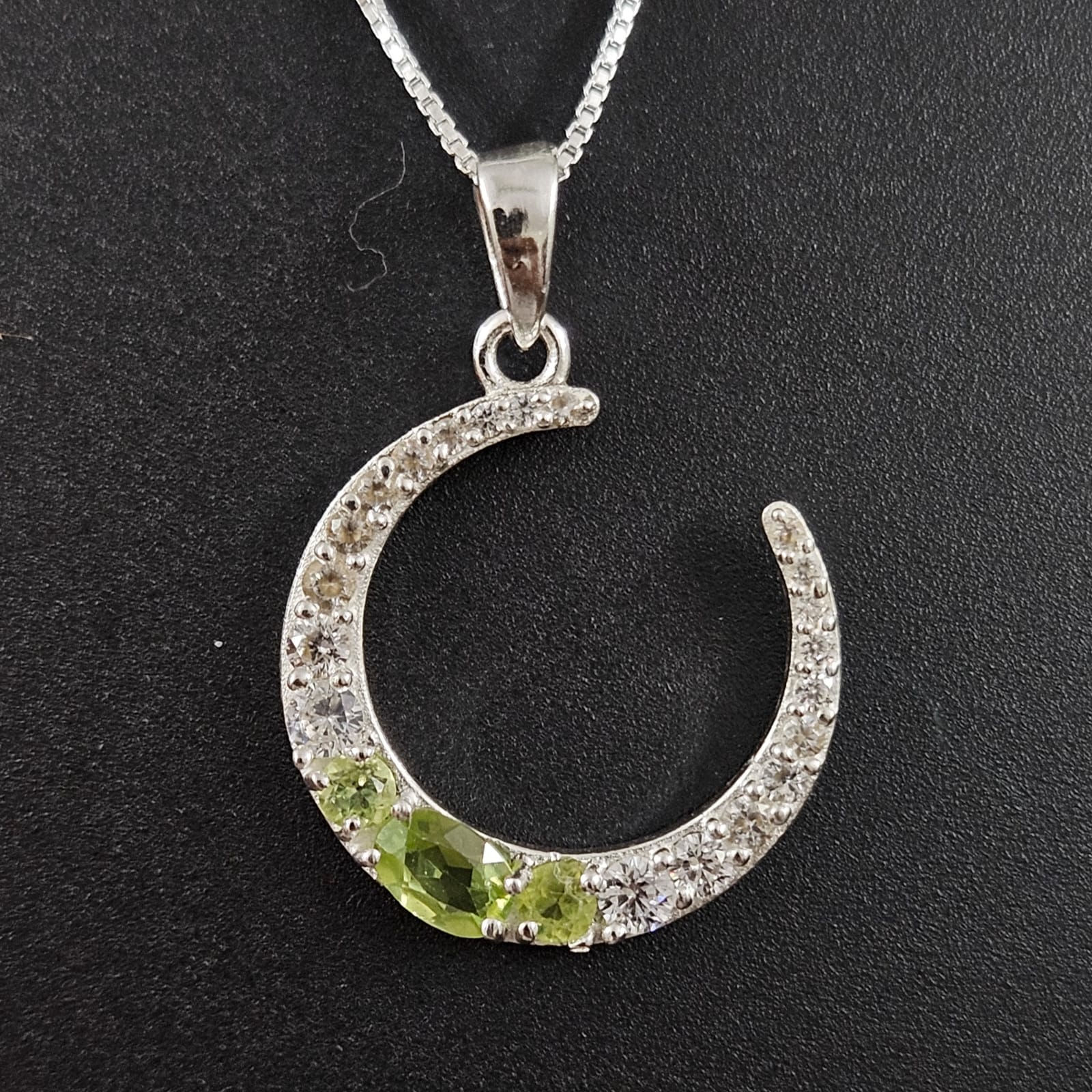 Peridot and White Topaz Crescent Moon 925 Silver Pendant