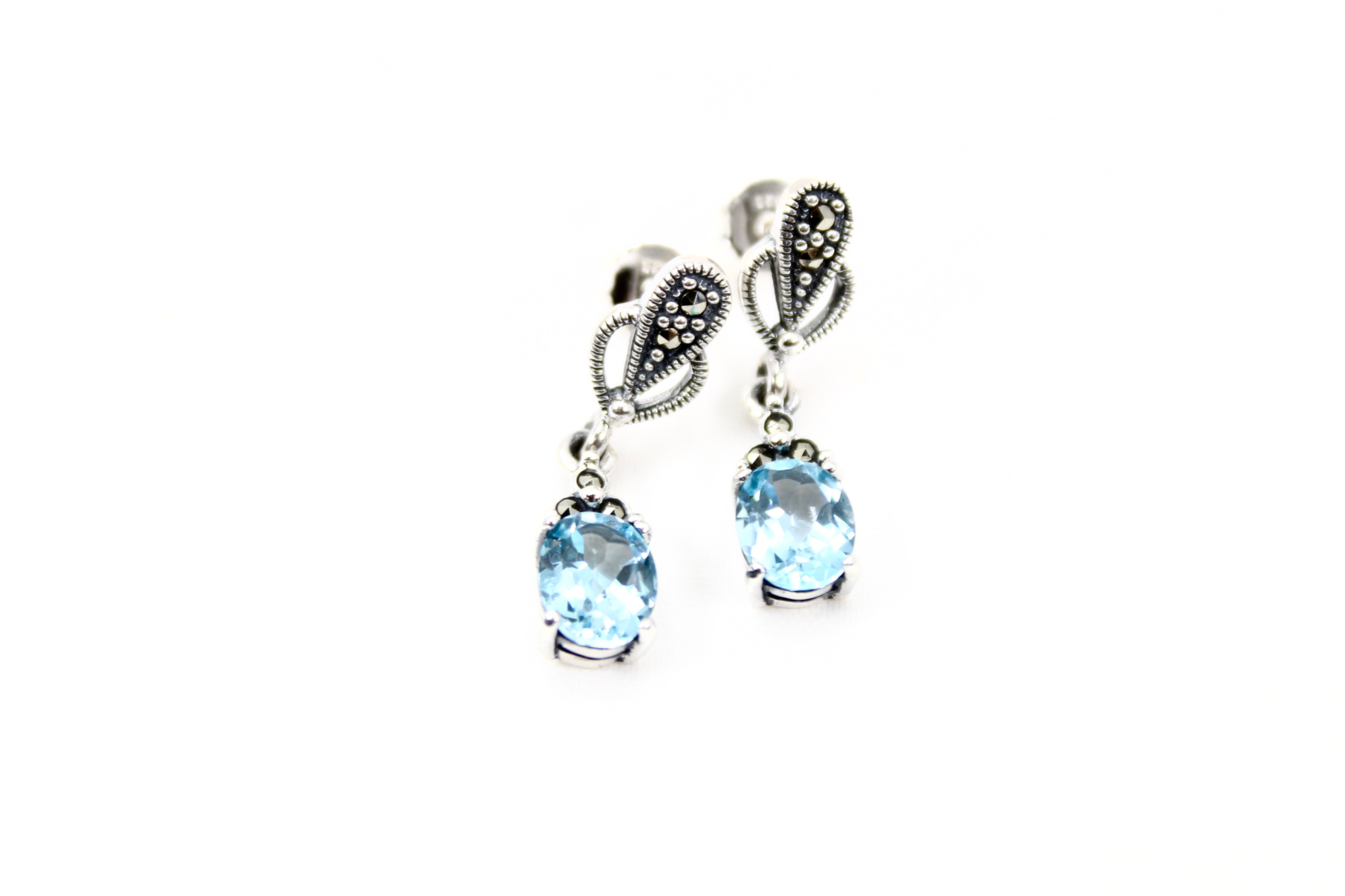 Blue Topaz and Marcasite 925 Sterling Silver Drop Earrings - High Grade