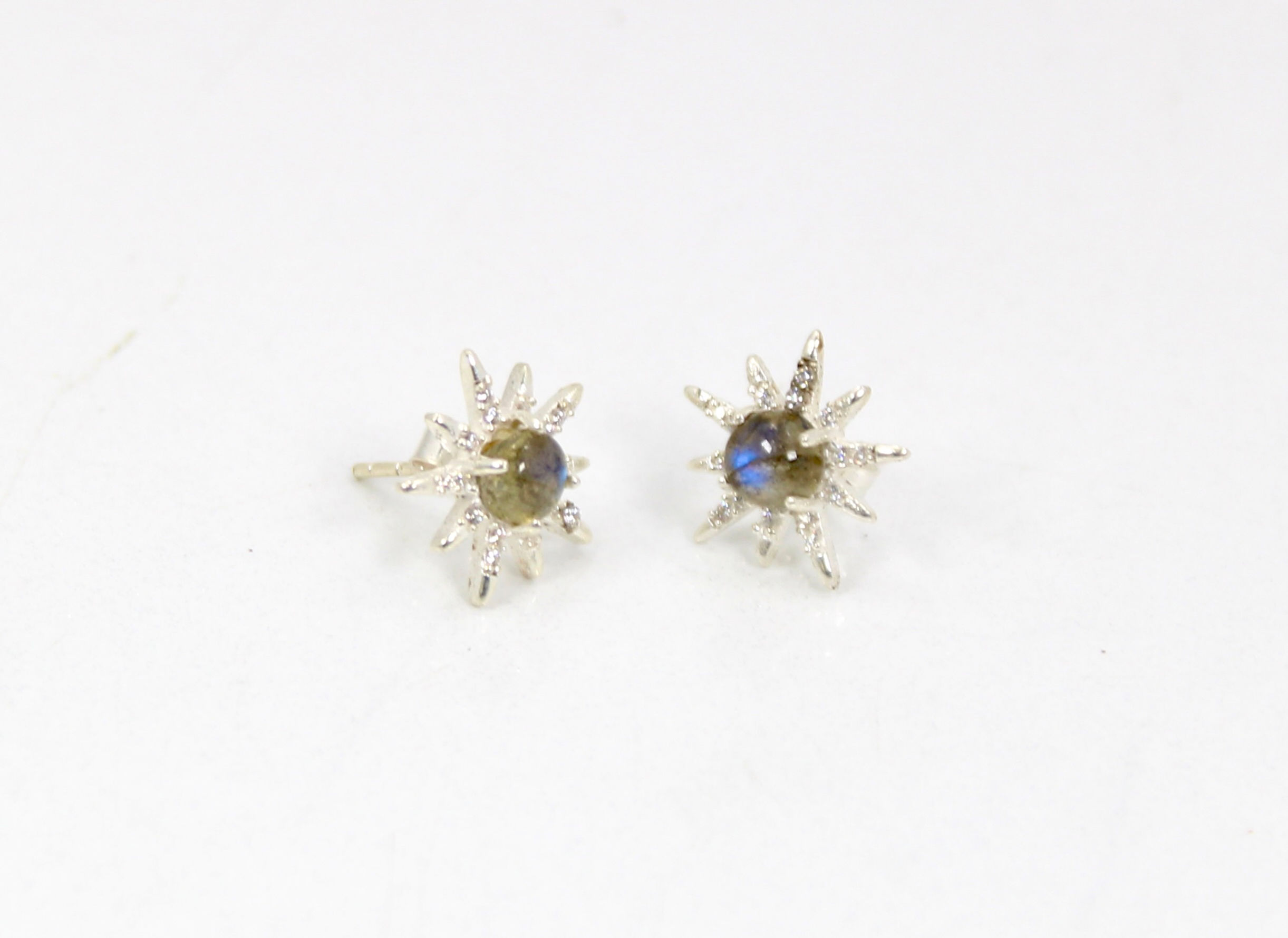 Labradorite 925 Sterling Silver Celestial Studs with White Topaz