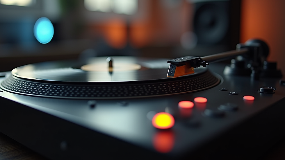 Close-up view of DJ turntable with vinyl record