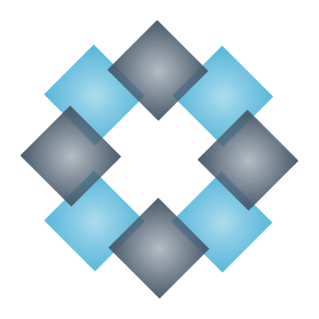 Abstract geometric logo with overlapping blue squares.