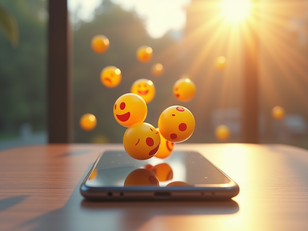 A collection of vibrant 3D emojis floating above a modern smartphone screen in soft sunlight.
