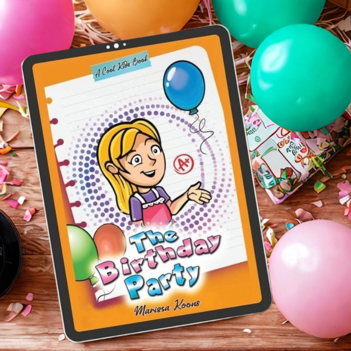 The image shows the cover of the book The Birthday Party featuring a colorful childhood illustration