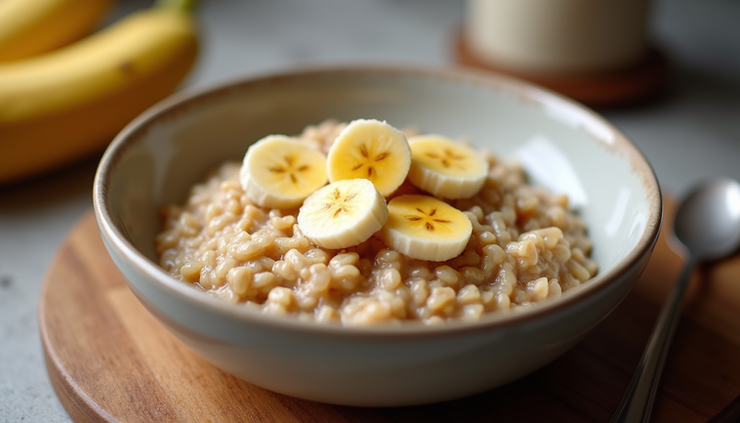 Eye-level view of a bowl of oatmeal with fresh bananas and honey