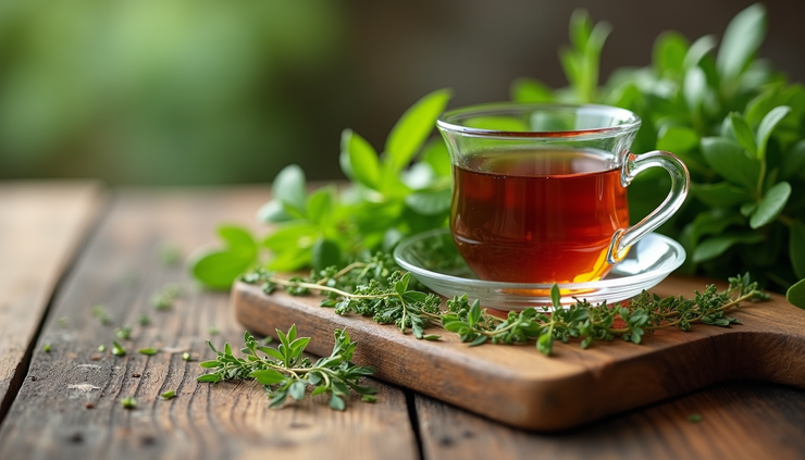 Eye-level view of fresh herbs and herbal tea on a rustic wooden table