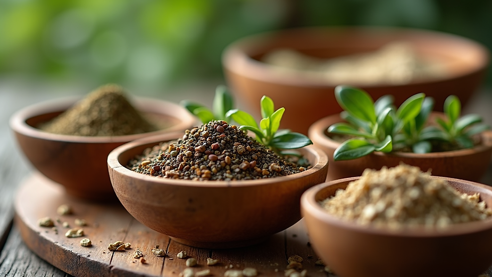 Close-up view of Ayurvedic herbs in wooden bowls