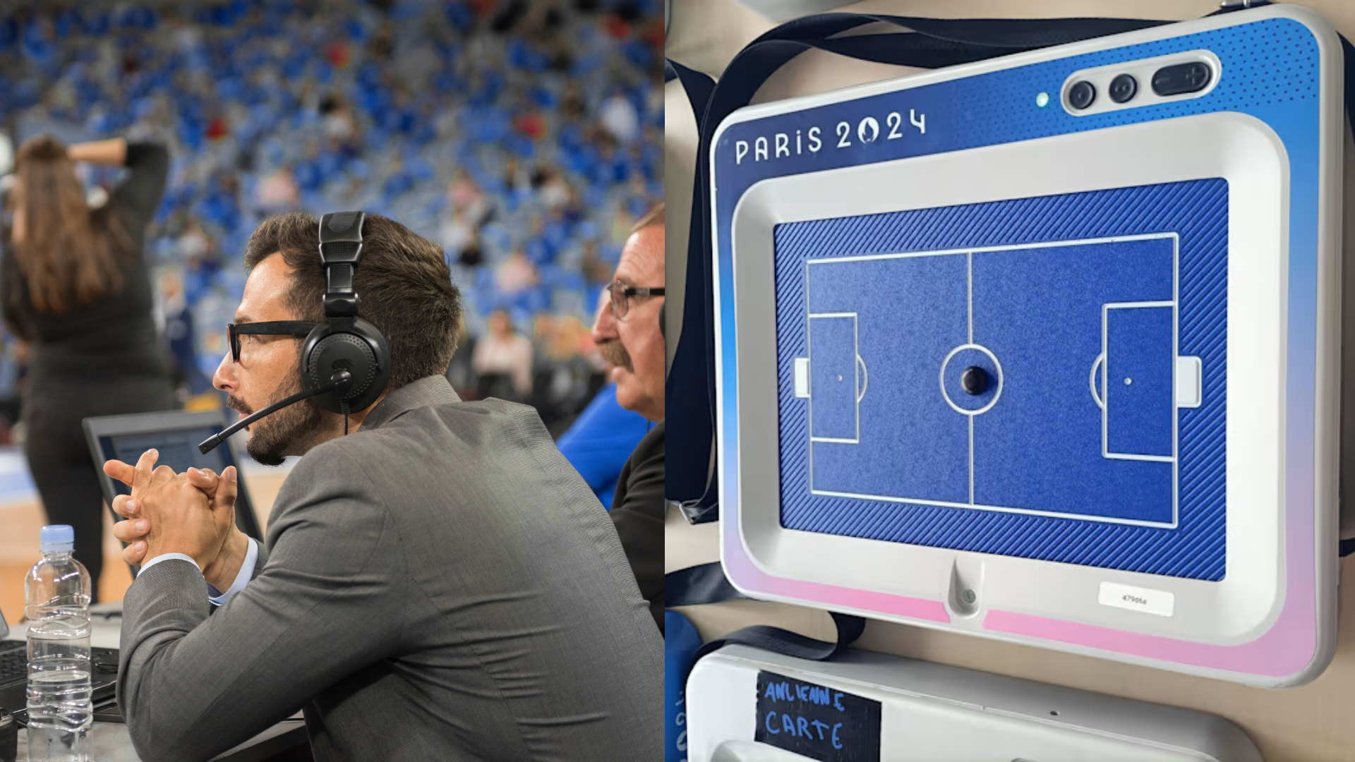 Tablette tactile mise à disposition représentant un terrain de foot, afin de suivre les épreuves de manière immersive.