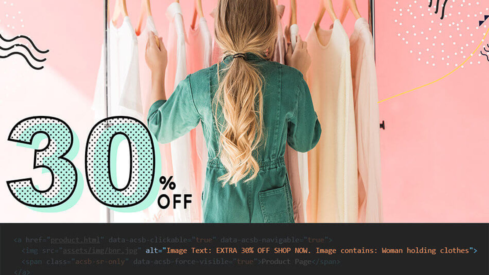 Illustrazione che mostra un esempio di ALT text fornito dal software di AccessiWay ad una foto di una ragazza di spalle che guarda dei vestiti con la scritta "30% off" a fianco