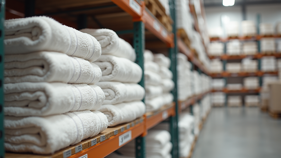Eye-level view of a warehouse shelf filled with bulk Turkish cotton bath towels