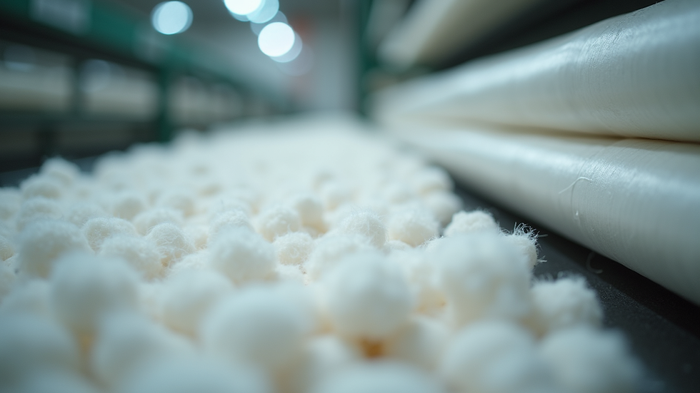Close-up view of organic cotton fibers in a textile factory