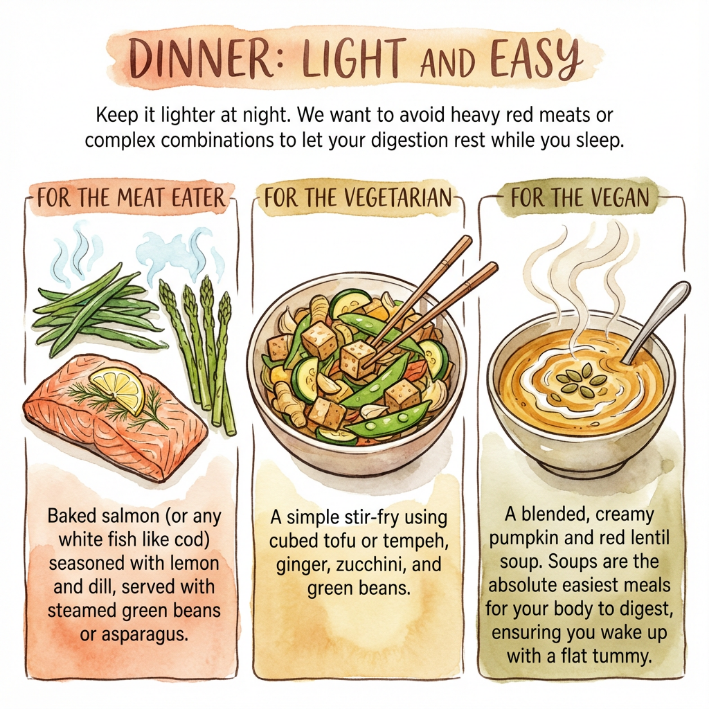 Dinner options for meat eaters, vegetarians, and vegans, featuring salmon, tofu stir-fry, and pumpkin soup. Light and easy theme.