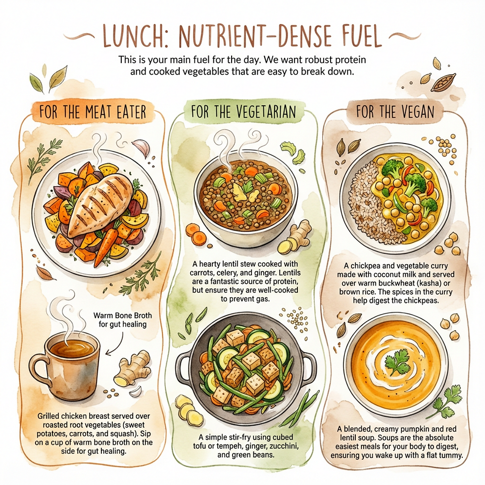 Illustrated lunch menu with dishes for meat eaters, vegetarians, and vegans. Includes grilled chicken, lentil stew, and chickpea curry.