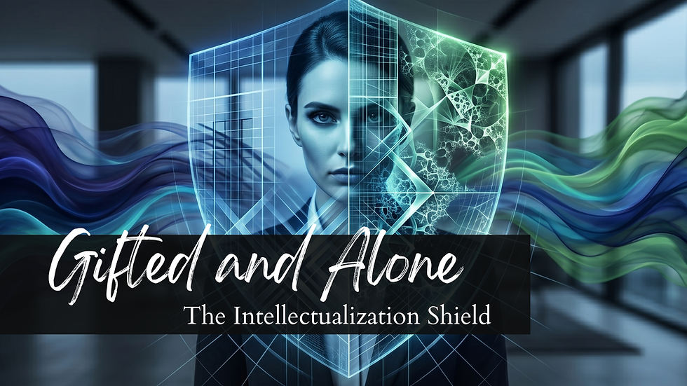 A woman with a digital shield faces forward in a modern setting. Text reads "Gifted and Alone: The Intellectualization Shield."