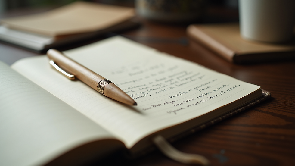 Close-up view of a journal with handwritten notes and a pen resting on it