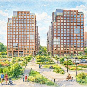 ЖК «Бунинская набережная» — камерный квартал «Серии плюс» на берегу Ивановского пруда, панорамные виды на воду, архитектура KK ARCHSTUDIO, квартиры с террасами, собственная набережная, парк на склоне, метро «Потапово» 18 мин пешком.