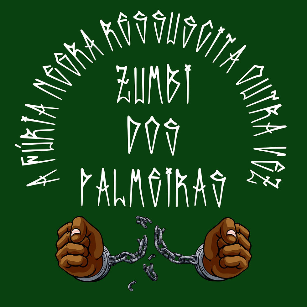 Close-up da estampa "A Fúria Negra Ressuscita Outra Vez". O texto em fonte impactante, com estilo pixação, fundo verde