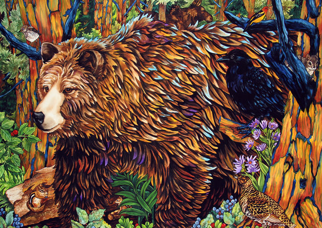 August Forest portrays a Grizzly Bear in Glacier Natioanl Park in Northwestern Montana. Ravens, Ruffed Grouse,Western Tanagerand Swainson's Thrush are birds seen frequenty in Western Montana and Glacier Natioanl Park. Friendly Forest by Kendahl Jan Jubb, also includes a Bull Moose, without antlers, a chipmonk, and a Douglas Pine Squirrel.