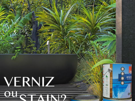 Latas de verniz e stain ao lado de jardim tropical, com a frase Verniz ou Stain? em destaque.