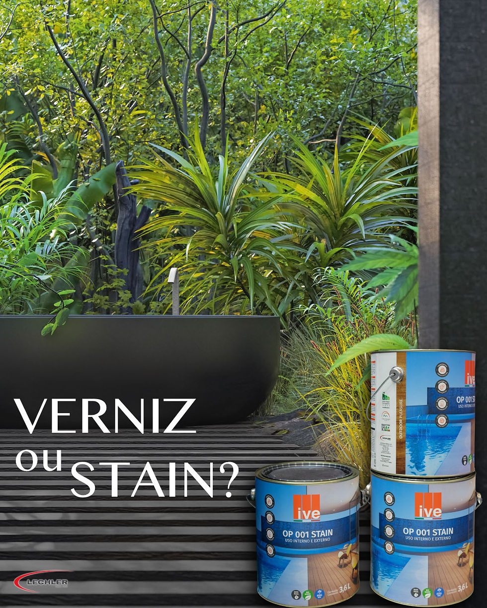 Latas de verniz/stain OP 001 da Ive em deck preto, com jardim tropical ao fundo e texto VERNIZ ou STAIN?