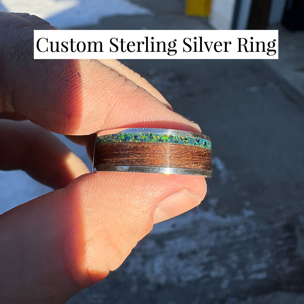 custom sterling silver inlay ring with wood and synthetic opal, wood and opal ring, unique wedding ring, unique engagement