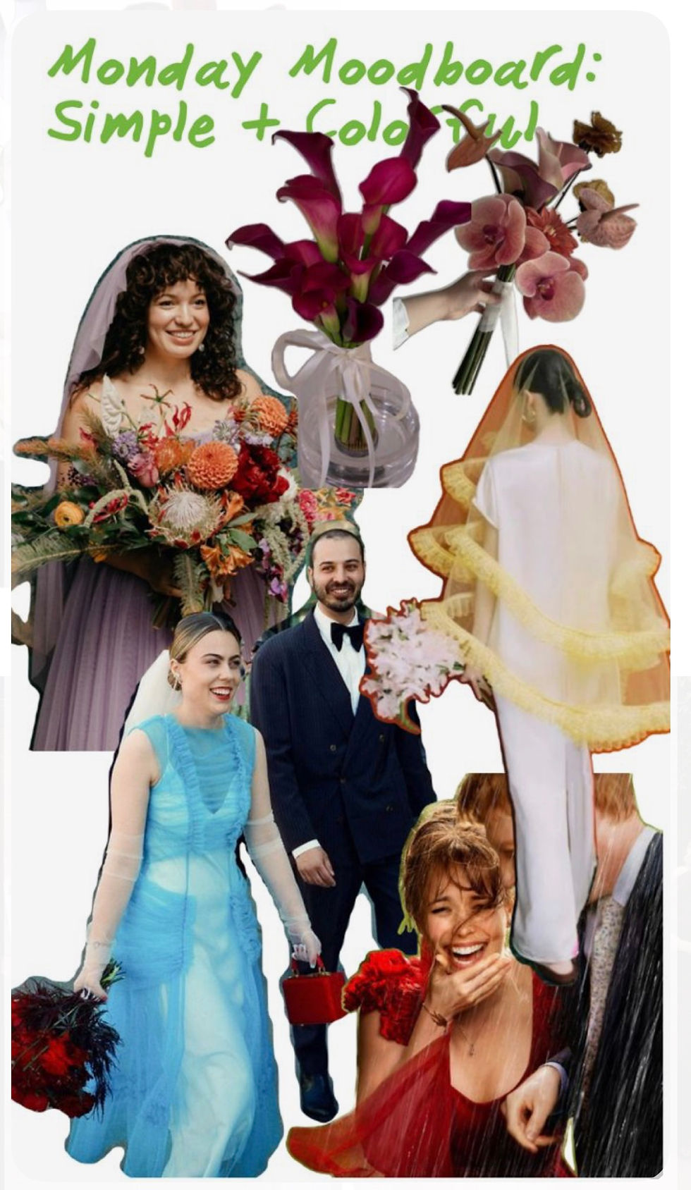 a collage of images with brides in fun colored wedding dresses beside bouquets with pops of red, a groom with a white jacket and black pants with a pop of color on the shoes and socks, light neutral bridesmaids dresses with classic black tuxedo groomsmen, trending long wedding cake with simple table settings with pops of red and tapered candles