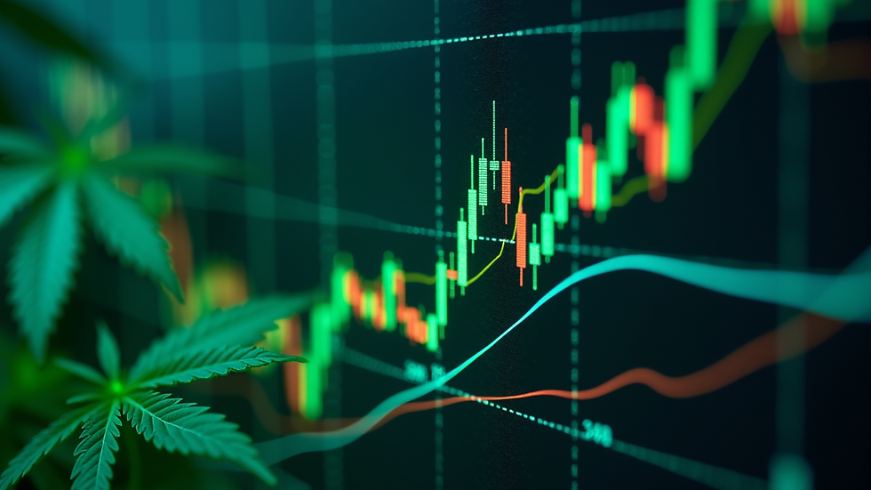 Eye-level view of a cannabis stock chart showing upward trends