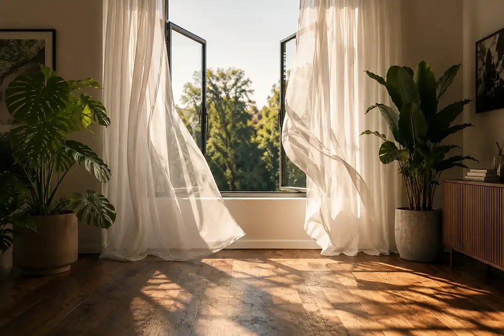 Arched windows with sheer white curtains, bathed in warm afternoon sunlight filtering through, looking out onto trees and houseplants, representing a peaceful therapeutic sanctuary for systemic burnout recovery in Texas.