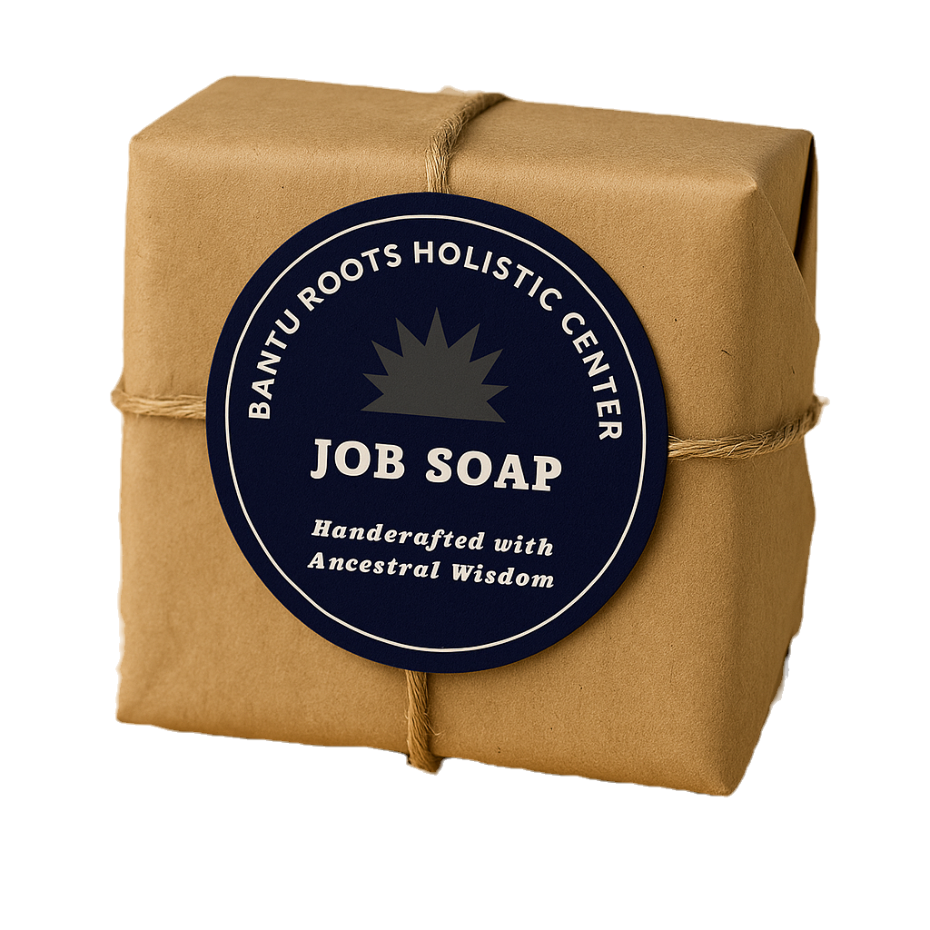 A close-up shot of the "Job Soap" wrapped in brown paper with a round, dark blue label. The label features a starburst logo a