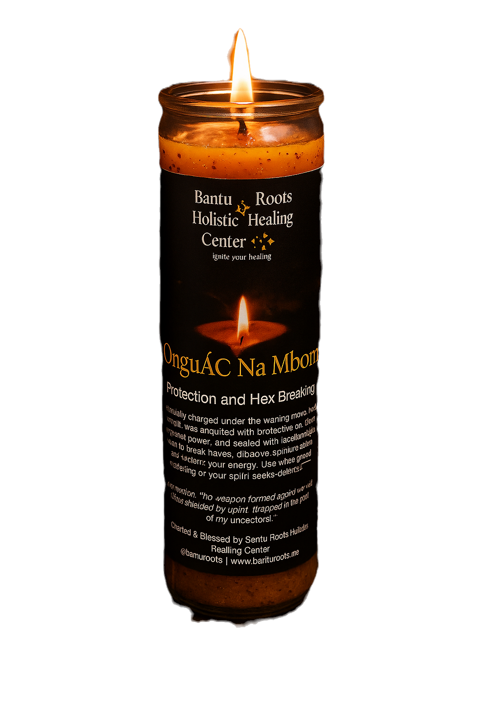 A close-up shot of a lit glass pillar candle with an orange-brown wax, set on a dark surface.