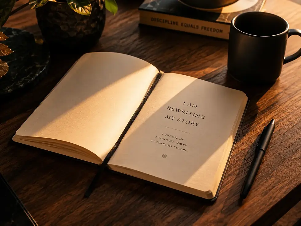 Open leather-bound journal with blank cream pages and a pen resting beside it, illuminated by warm, directional light, representing narrative empowerment and self-reflection in therapy.