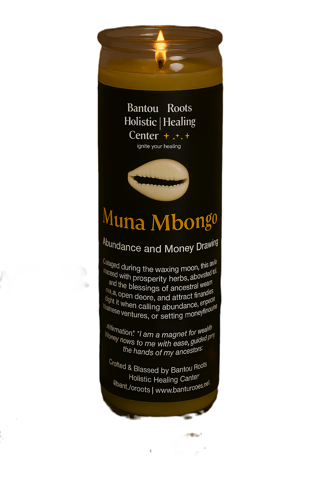 A close-up shot of a lit glass pillar candle with a yellow-gold wax, placed on a wooden surface.