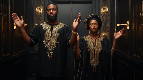 A handsome hispanic man with a beard wearing a black and gold african style tunic. he is s