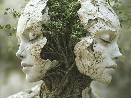 Image of two serene faces joined by a central root system, each half cracked to reveal new growth. This visual metaphor captures how brand teams must evolve together to build a presence in AI search—guided by shared truth and deep structure. Commissioned by Sophie Carr for GAIO Marketing.