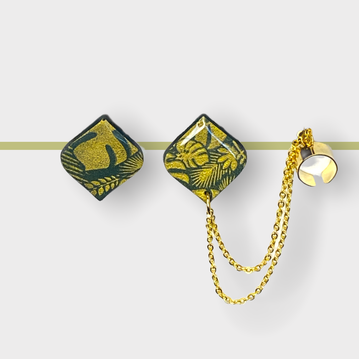 Grøn med guldblade - ørering med cuff