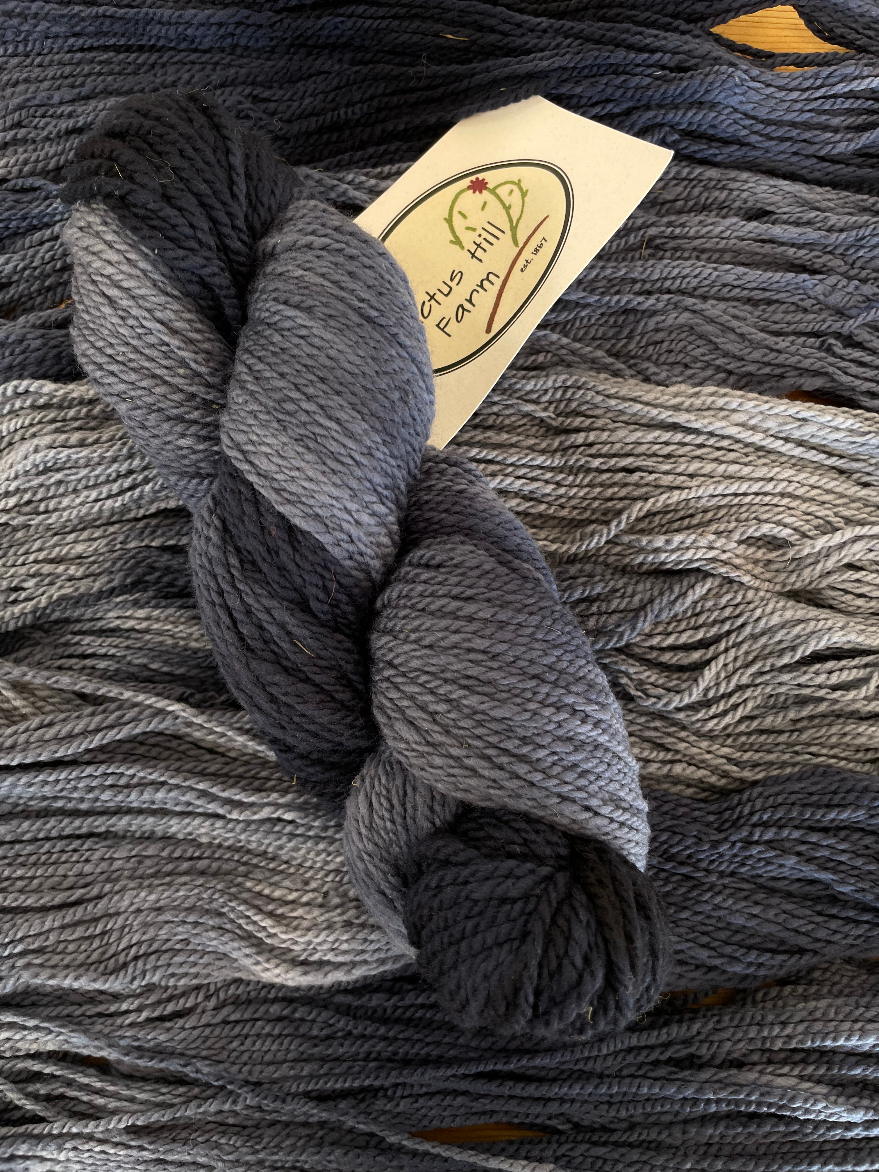 blue merino worsted yarn skein with yarn in the background