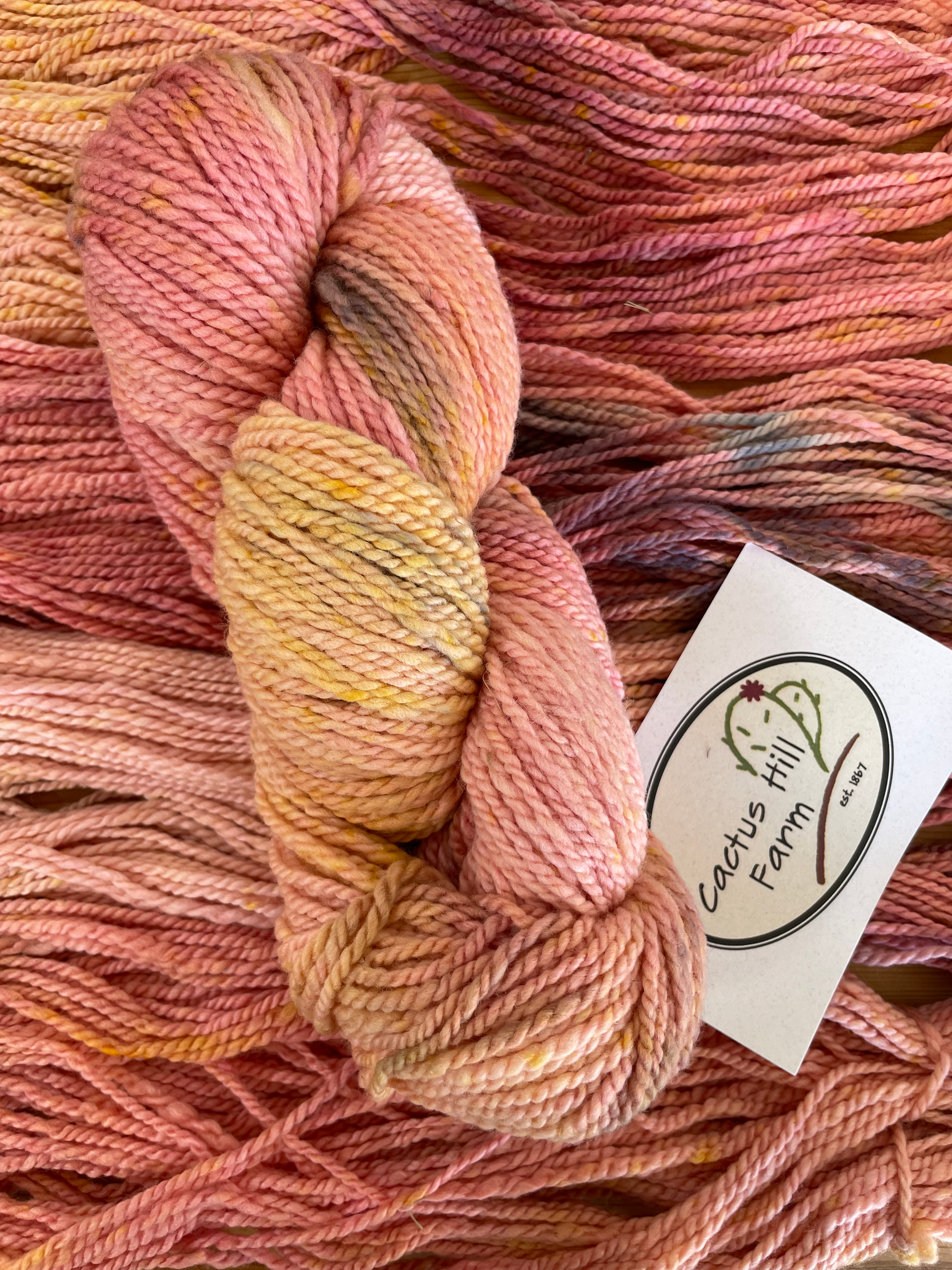 pink merino worsted yarn skein with yarn in the background