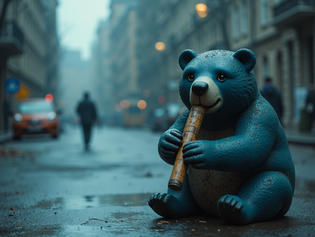 blue bear playing in the city